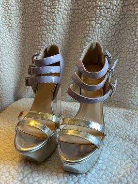 Women’s Silver Platform Heels with Lilac Straps